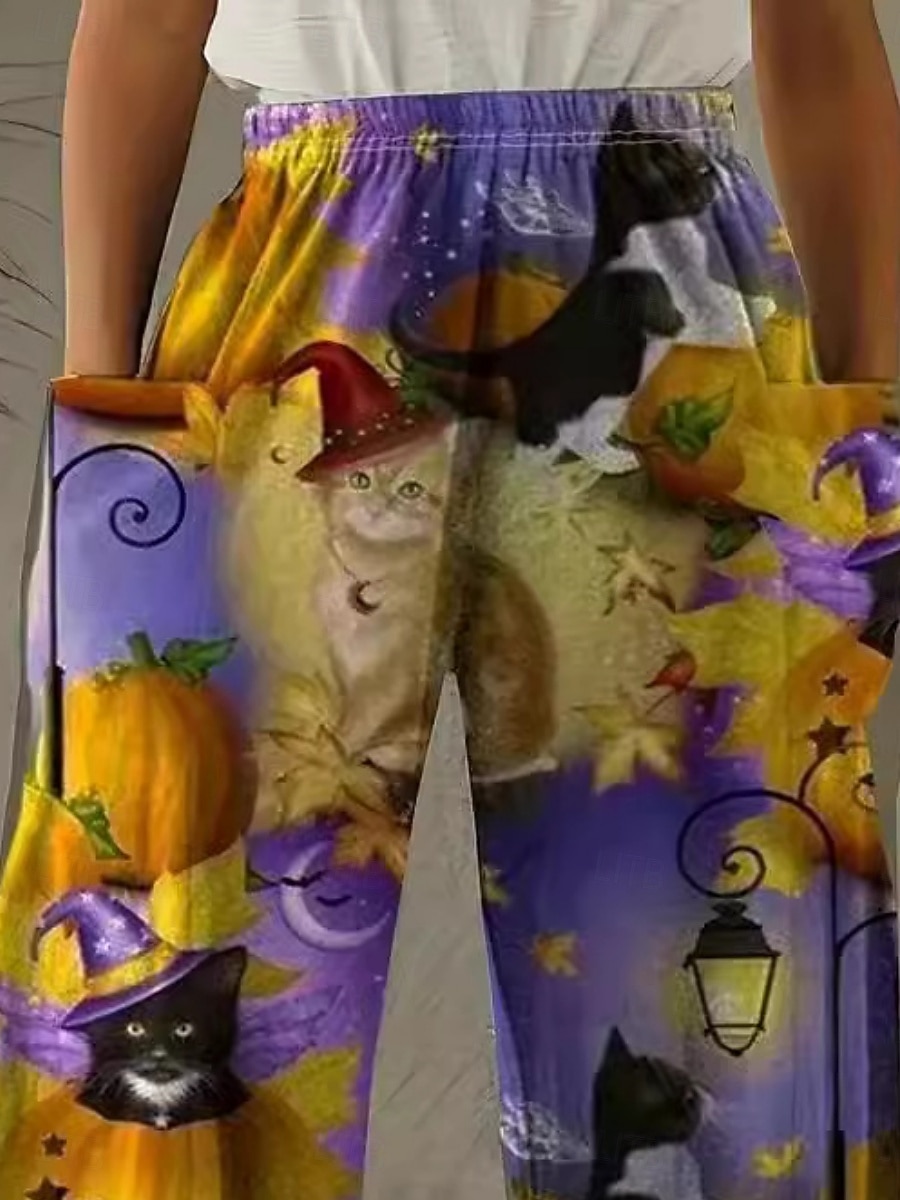 Dámské Široké nohavice Kalhoty chinos Kalhoty prázdniny Vinobraní Na běžné nošení Plná délka Vysoký pasPantsHalloween Kočka Dýně Kapsy Elastický pas Potisk Pohodlný Yumuşak Pohodlné Elastické 2025 - $24.99 –P2