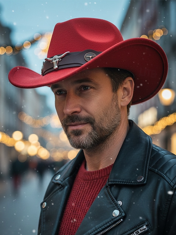 Chapéu de cowboy masculino com faixa de cabeça de touro – chapéu fedora vintage de feltro com aba larga para rodeio, estilo ao ar livre e presente de Natal de 2026 por $29.99 –P1