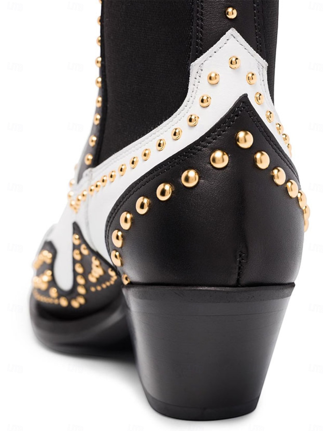 2025年 ゴールドのスタッズとメタルトゥが付いたレディースのブラックレザーウエスタンアンクルブーツ - ファッションストリートウェアやパーティーに最適なカウボーイスタイルのチャンキーヒールブーツ  コレクション – $109.99 –P7