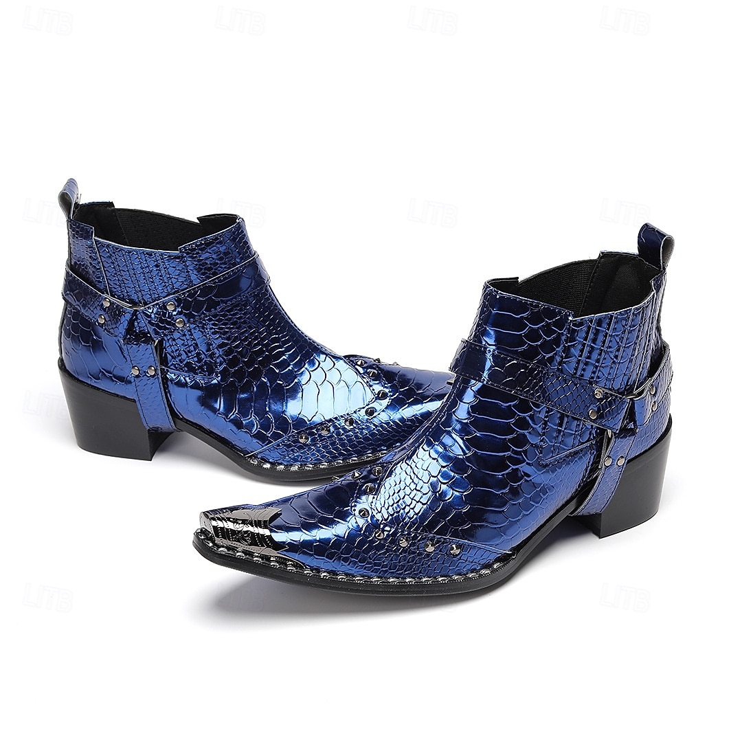 Men's Premium Cowhide Blue Croc Pattern Leather Chelsea Boots, Stylish Harley Motorcycle Boots for Rock Concerts, Parties, Nightclub Fashion and Stage Wear 2026 - $149.99 –P7