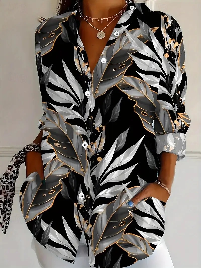 Camisa Feminina em Linho Semelhante Respirável Leve Estilosa Retrô Vintage de Longa Manga Camisa de Manga 3/4 Gola Longa Tops Regulares Estampado Diário Feriado Saindo Preto Vermelho Marrom Verde de 2026 por $36.99 –P1