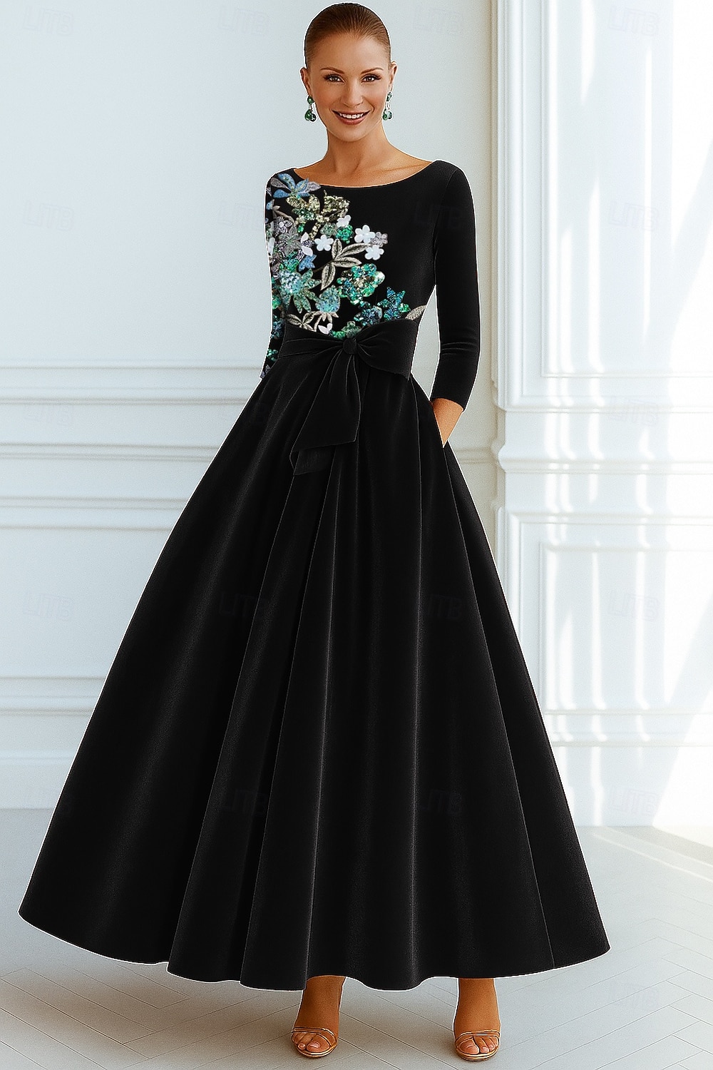 A-Linie Abendkleid Elegant Formelle Kleidung Formell Hochzeit Bodenlang Dreiviertelarm Rundhalsausschnitt Tasche Samt mit Schleife(n) Tasche 2025 2025 - $159.99 –P1