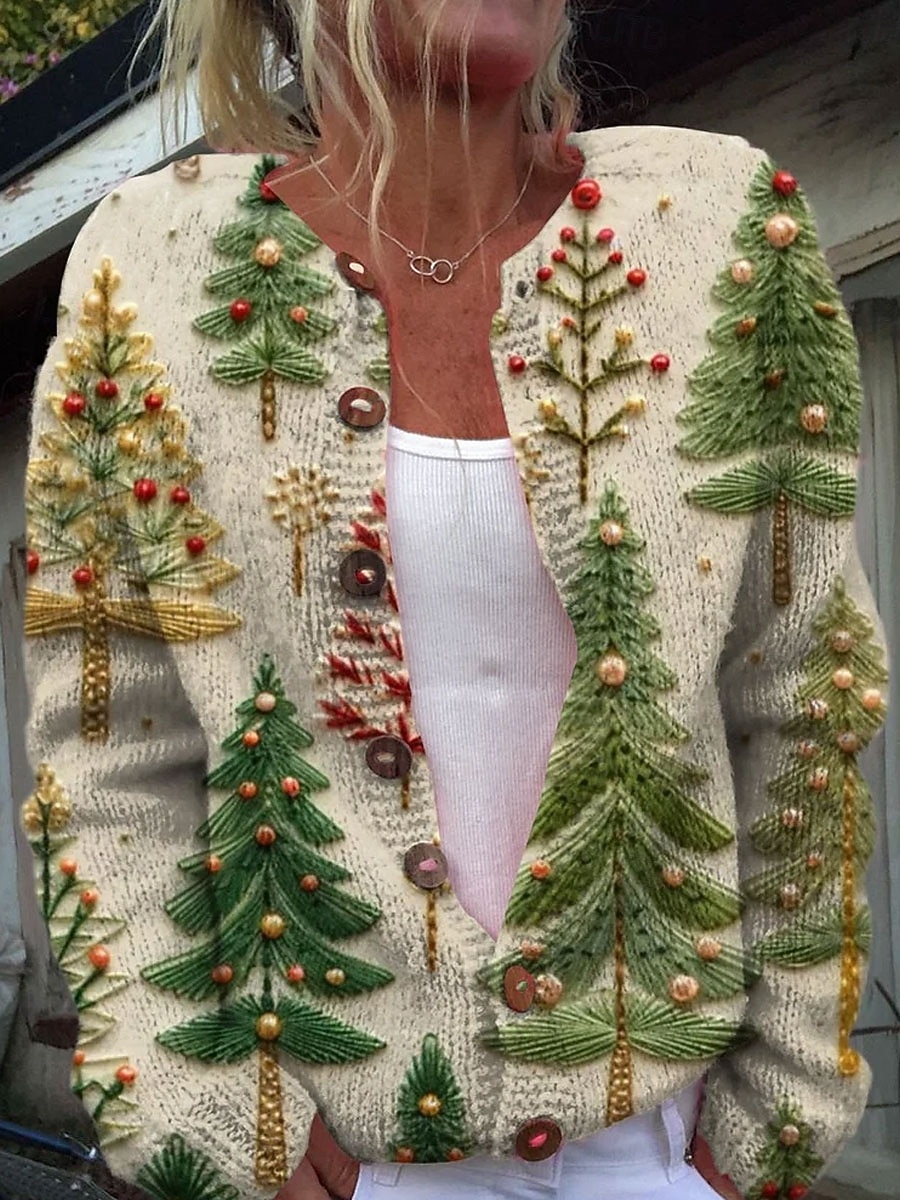 Julens kvinnors kofta daglig grafisk träd ribbad crew neck knappar tryck lång ärm vanliga toppar stickad utomhus semester helg grön beige höst vinter 2025 - $41.99 –P1