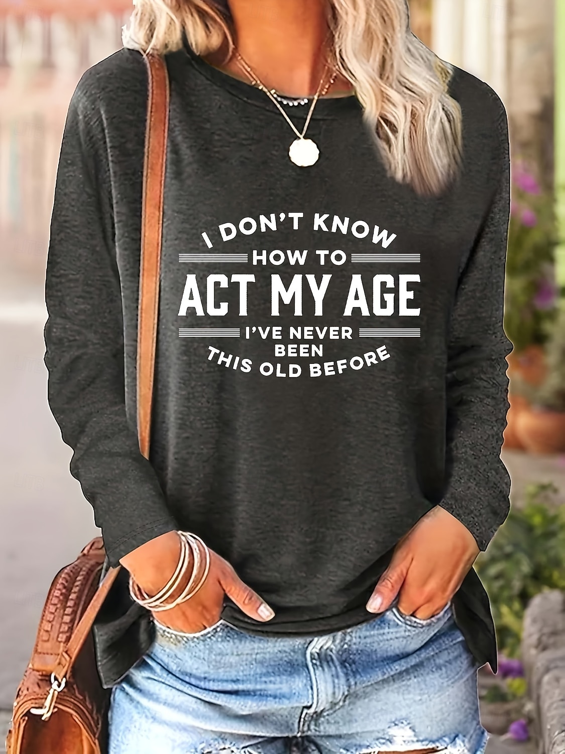 2026年 女性用 Tシャツ プリント グラフィック レタード ヴィンテージ ファッション スタイリッシュ 長袖 クルーネック レギュラートップス 日常 週末 ブルー ネイビーブルー グレー 春 秋  コレクション – $24.99 –P1