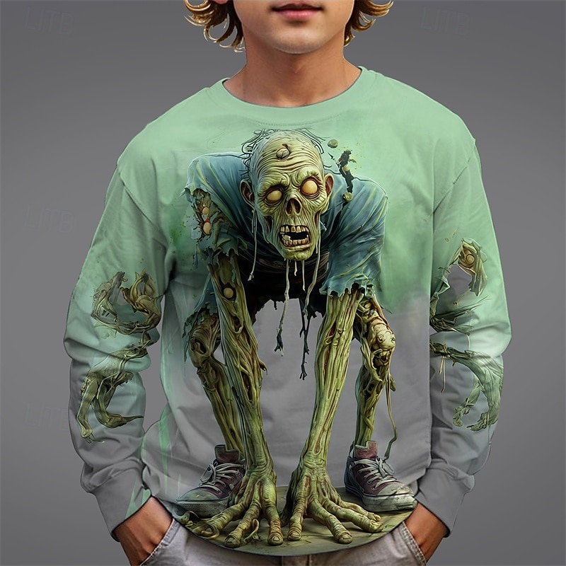 Halloween Jongens 3D Doodskoppen T-shirt Lange mouw Lente Herfst Modieus Basic Kinderen 4-12 jaar Strakke ronde hals Buiten Casual Dagelijks Normale pasvorm 2026 - $15.49 –P1