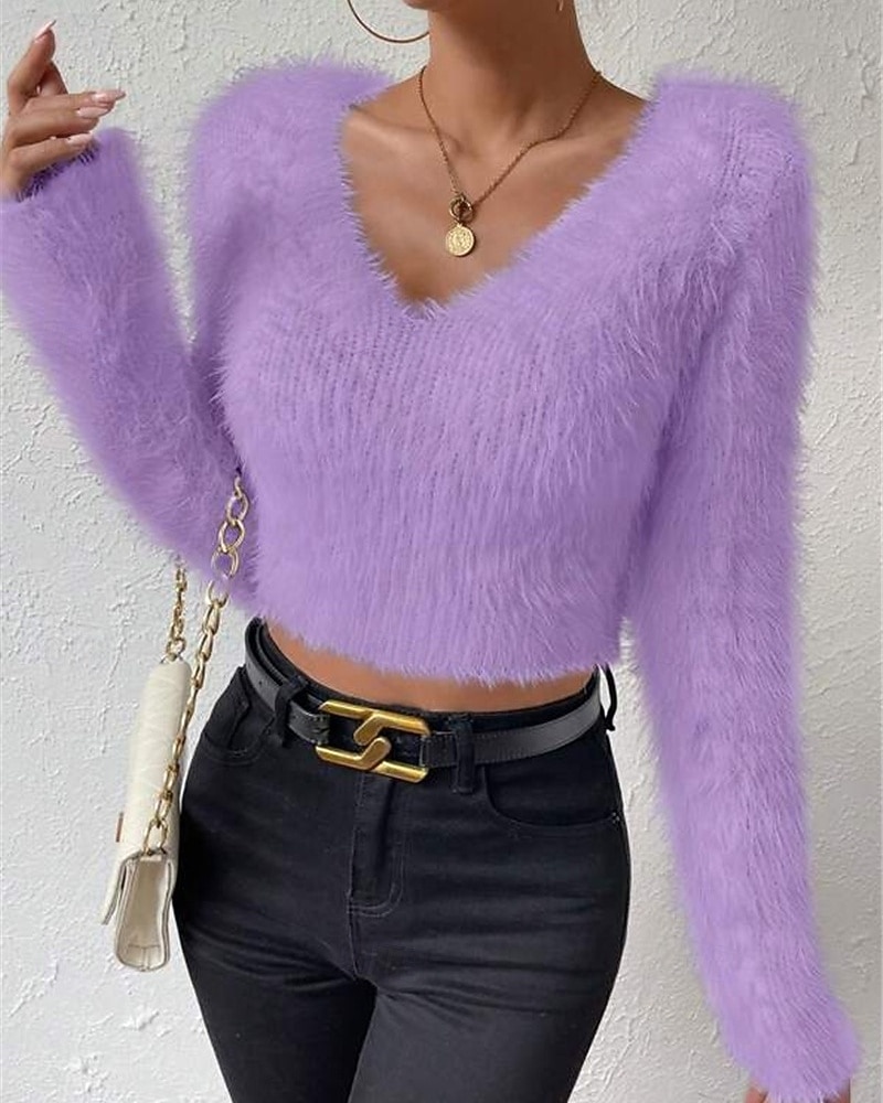 Femmes Pull Mode Occasionnel Couleur Unie Côtelé Col en V Tricoté manche longue Hauts Réguliers Tricoter Extérieur Quotidien Week-end Noir Blanche Automne Hiver de 2025 ? $27.99 –P8