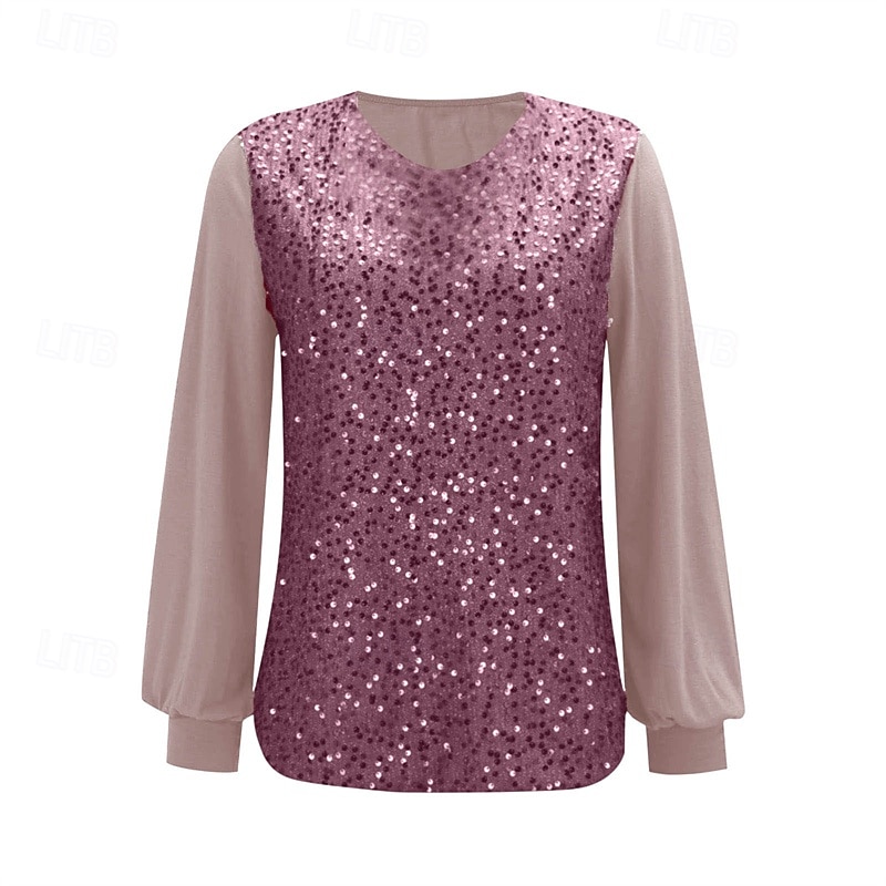 Per donna Maglietta Paillettes Patchwork Tinta unica Moda Elegante Classico Manica Lunga Girocollo Top Regolari Quotidiano Weekend Rosa Primavera Autunno del 2026 a $28.99 –P2