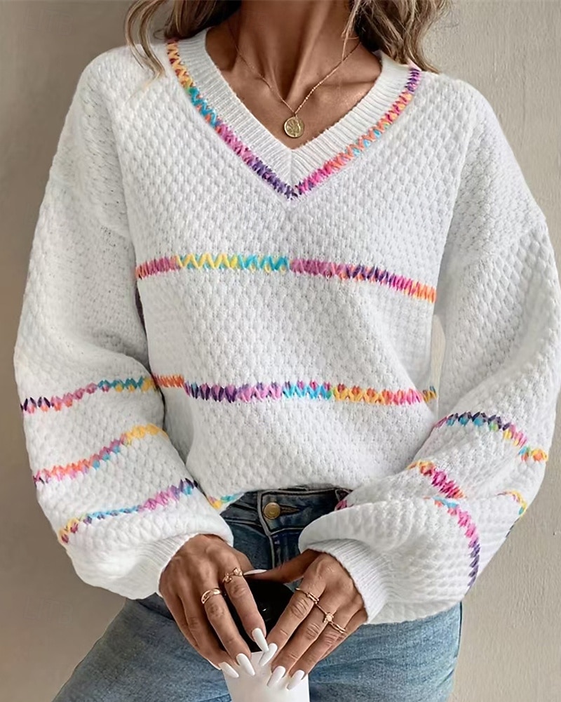 Dámské Svetr Rolák Denní stylové Na běžné nošení Proužky Rýhovaný Do V Pletený Dlouhý rukáv Běžné topy Plést Denní Dovolená Jdeme ven Černá Bílá Podzim Zima 2026 - $36.99 –P1