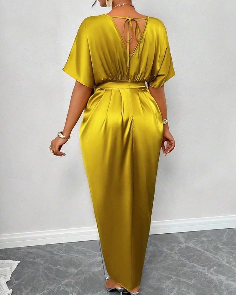 Femmes Robe Longue Maxi Robe Robe de Soirée Robe de Cocktail Robe en Satin Élégant Moderne Soirée Coupe régulière Uni Manche Courte Col en V Noir Jaune Bleu Roi Vert foncé Automne Hiver de 2025 ? $34.99 –P10