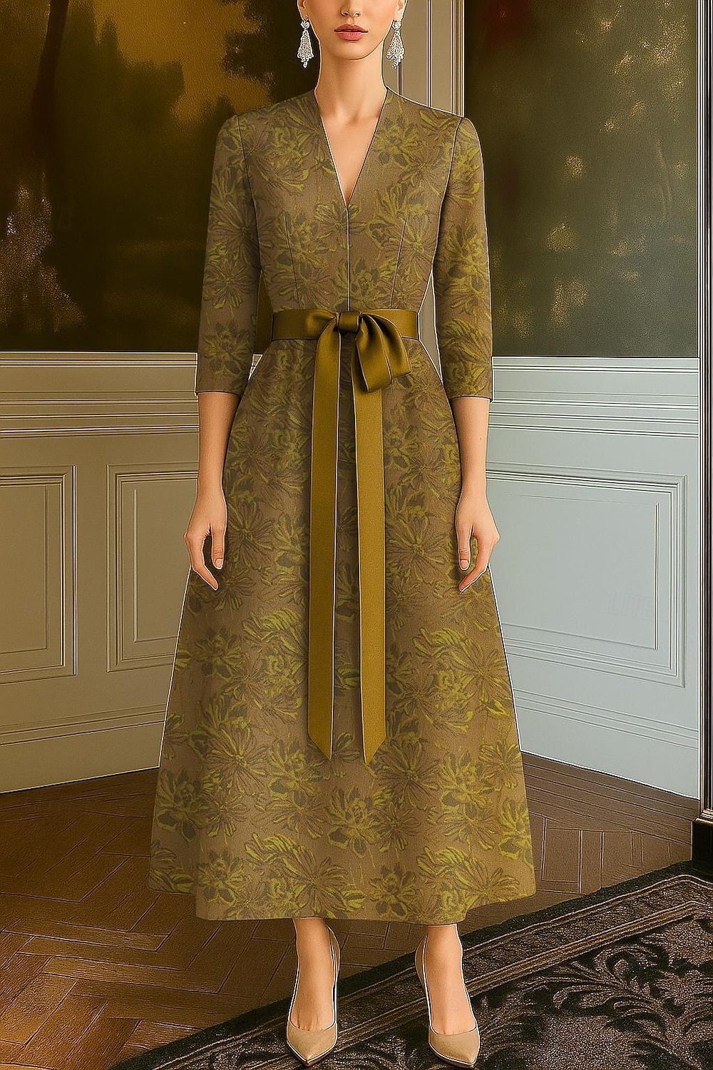 Ligne A Robe de Soirée Élégant Robe de soirée Formel Mariage Longueur au sol Manche 3/4 Col en V Poche Nylon avec À Bretelles 2025 de 2025 ? $149.99 –P1