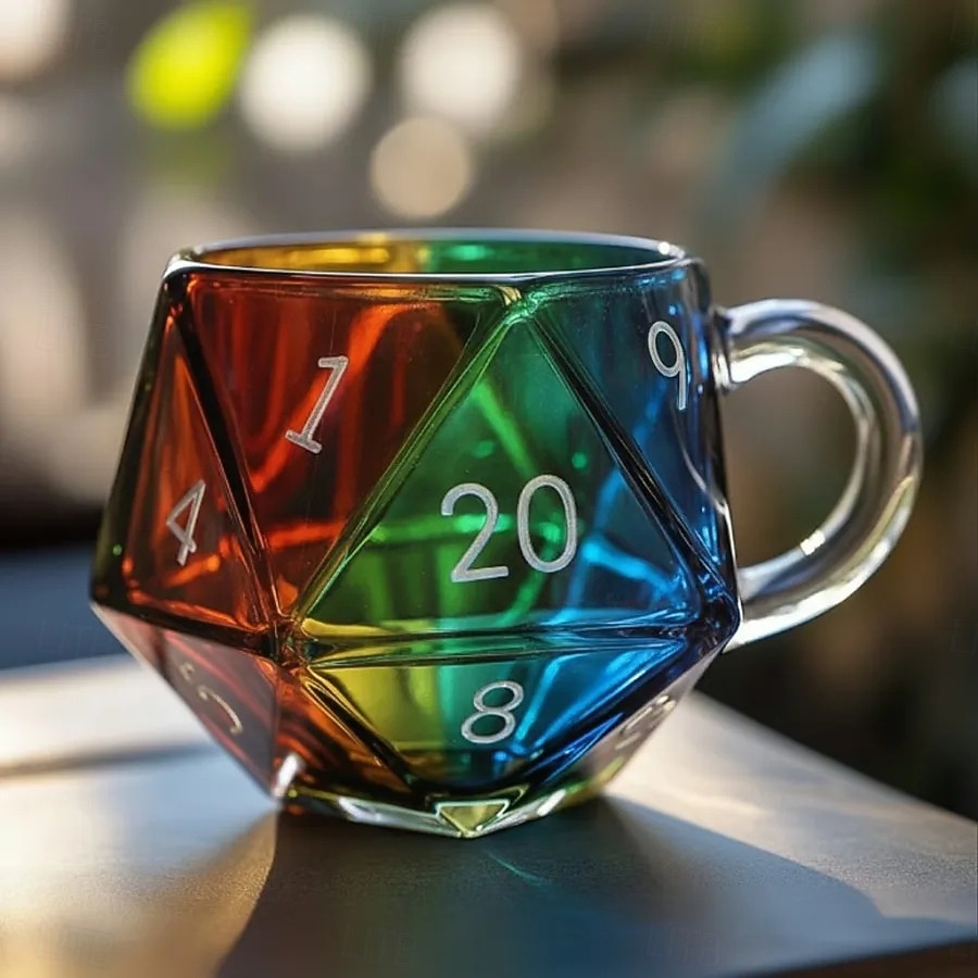 Mug à dés arc-en-ciel D20, tasse à café à dés polyédriques avec anse, mug de jeu en verre transparent pour les amateurs de RPG, mugs de soirée de jeu pour les amateurs de fantasy de 2026 ? $27.99 –P1