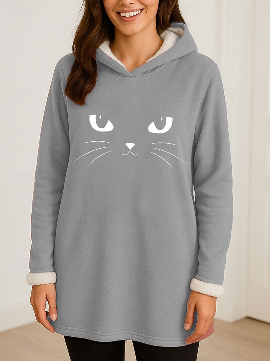 Dame Pullover hettegenser-genser Grafisk Katt Fritid Comfrt Langermet Med hette Lange topper Gate Hverdag Avslappet Trykt mønster Rosa Blå Grå Høst Vinter 2025 - $28.99 –P3