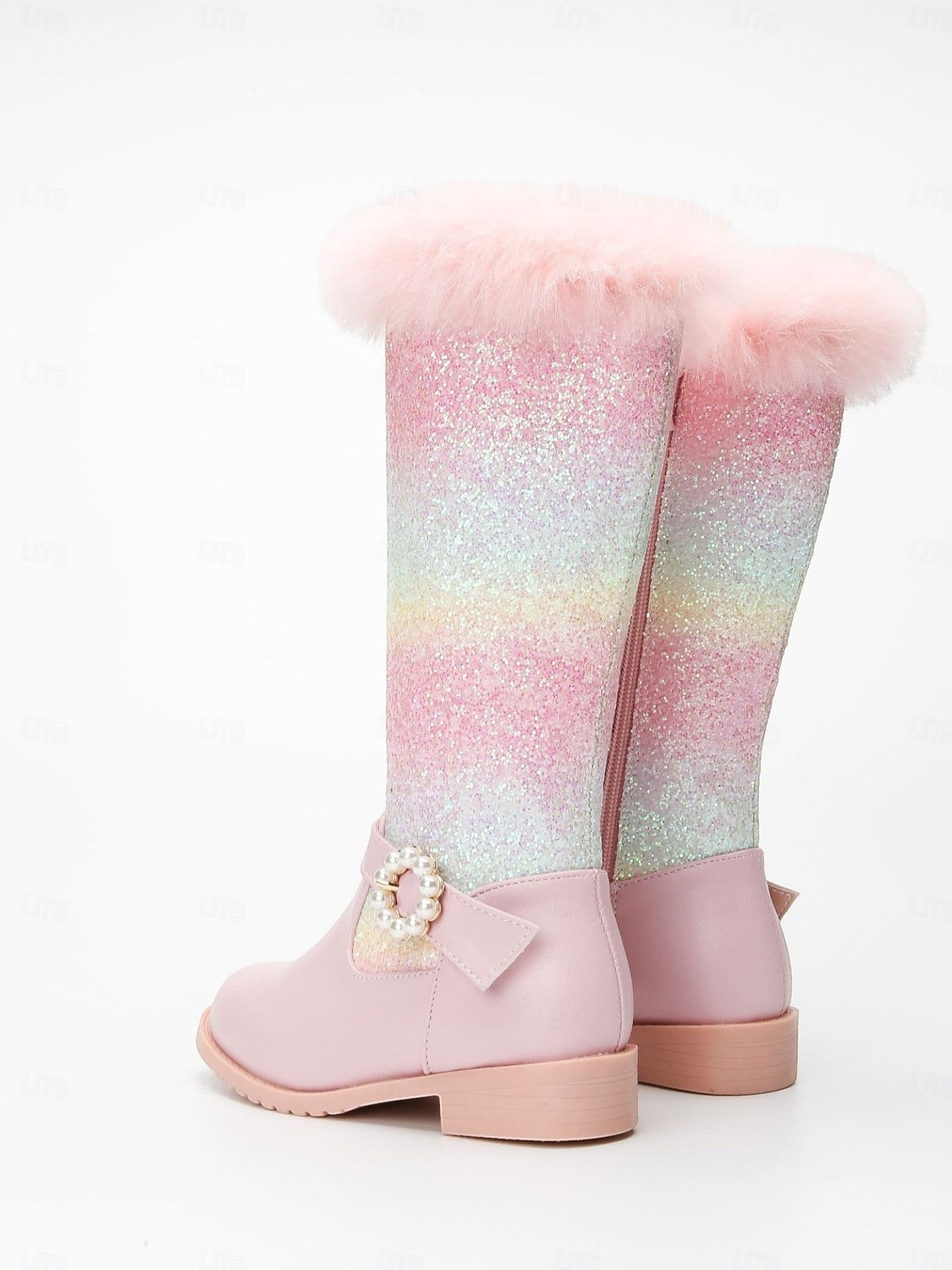 Dívčí duhové třpytivé kozačky pod kolena s lemem z umělé kožešiny a perleťovou sponou - třpytivé zimní boty pro děti na párty a svátky. 2026 - $54.99 –P6