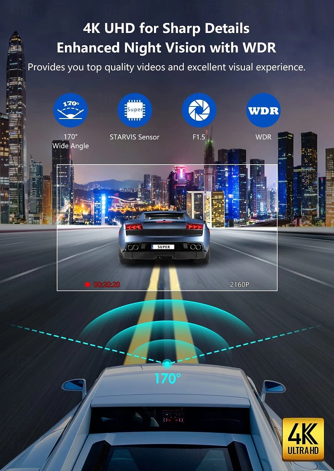 2160P Enregistrement automatique au démarrage DVR de voiture 170 Degrés Grand angle CMOS 4 pouce / Pas d'écran (sortie par APP) Dash Cam avec Vision Nocturne / Enregistrement en boucle / USB-Disk Non de 2025 ? $53.99 –P4
