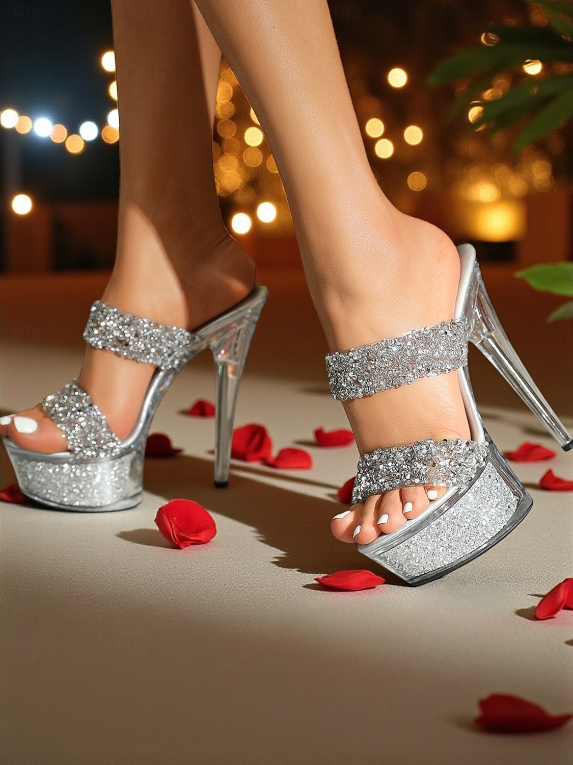 Dames muiltjes met strass-plateau en hoge hak - glitter peep toe partysandalen voor het nachtleven en clubbing 2025 - $46.99 –P4