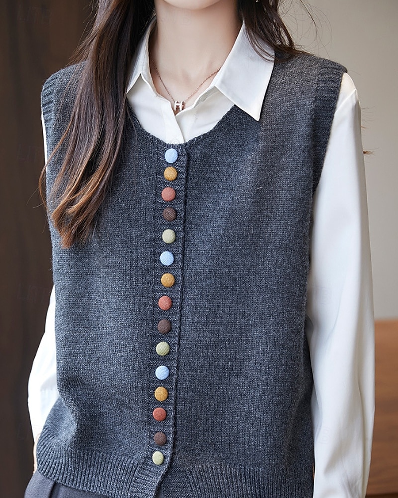 Women's Sweater Sweater Vest Streetwear Casual Solid Color Crew Neck Buttons Knitted Sleeveless Regular Tops Knit Daily Holiday Going out Black Red Fall Winter 2025 - $28.99 –P6