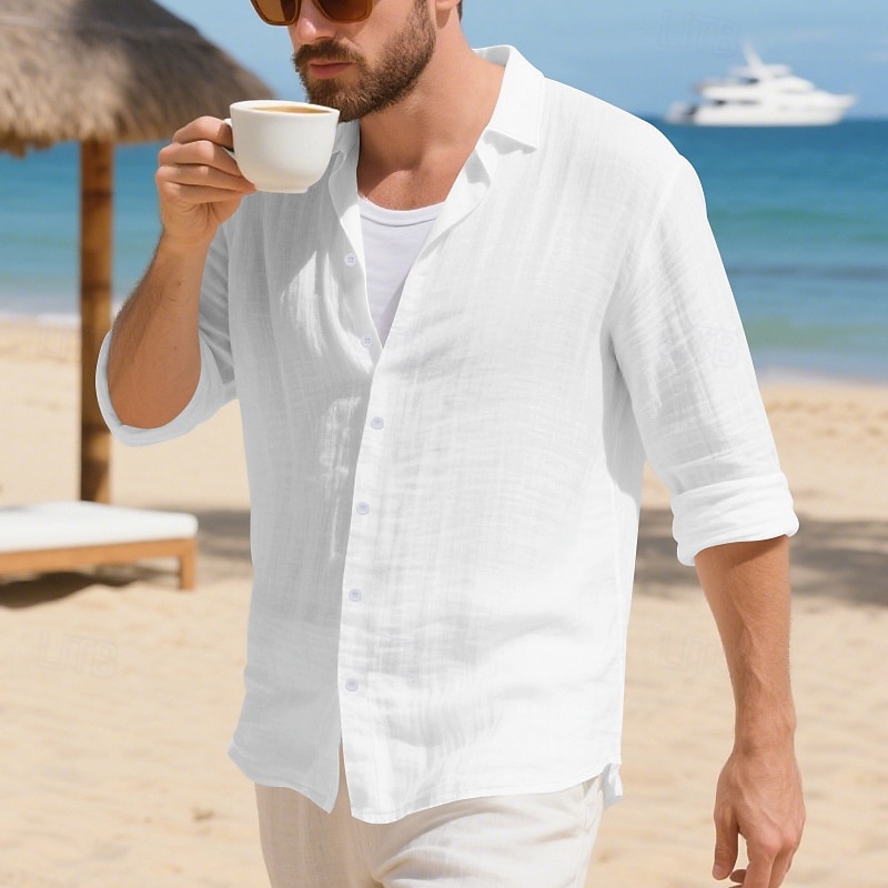 Herren Hemd Leinenhemd Freizeithemd Knopfhemd Baumwollhemd Einfach Urlaub Hawaiianisch Schwarz Weiß Gelb Marineblau Langarm Revers Frühling Herbst Bekleidung 2025 - $19.49 –P2