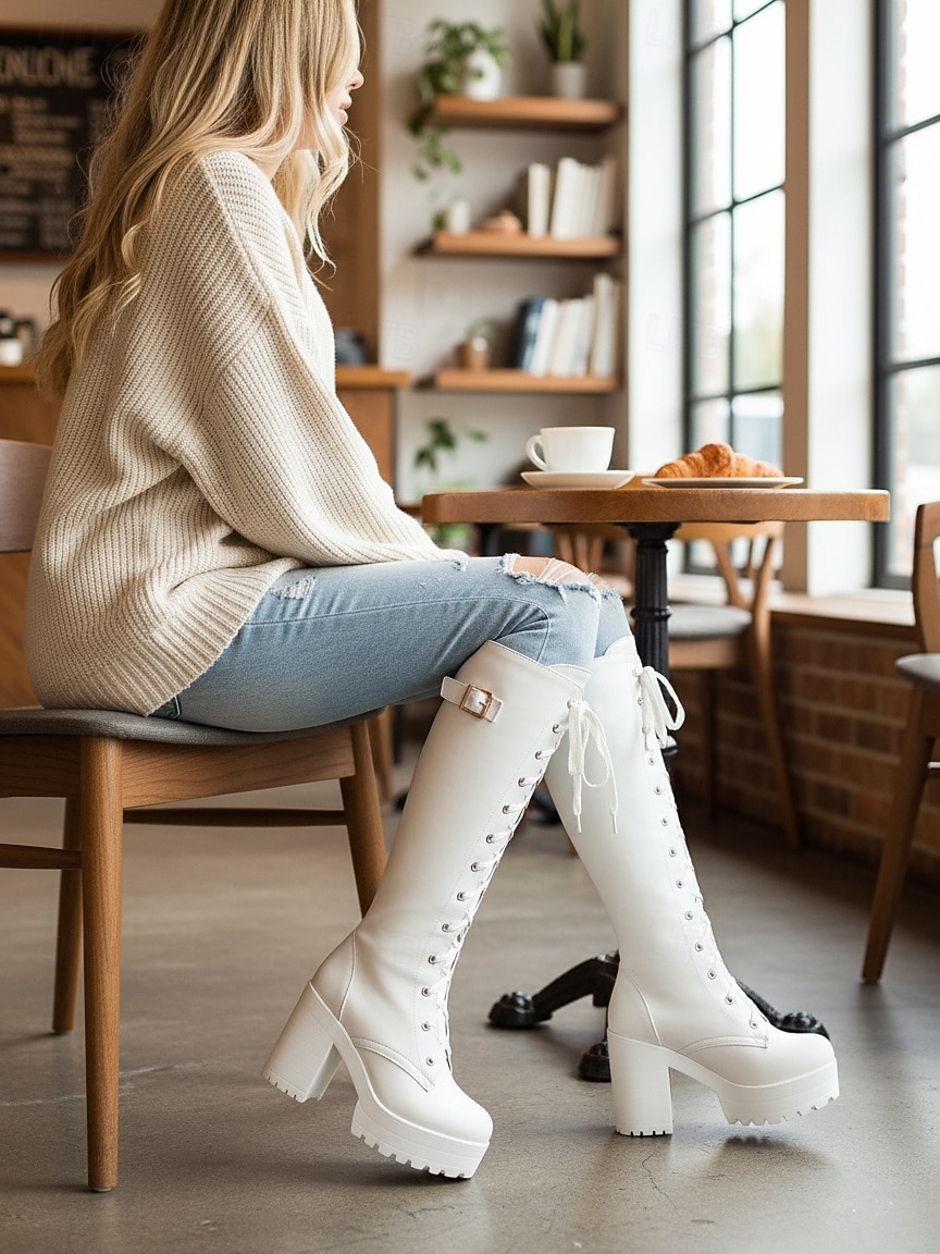 Bottes à lacets blanches à plateforme pour femmes, hauteur genou, avec talon carré et bride à boucle - Chaussures de mode rétro pour les fêtes, le cosplay et les soirées de 2026 ? $59.99 –P1