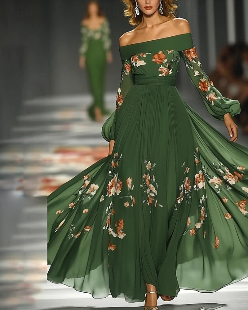 Femmes Robe Longue Maxi Robe Robe de Soirée Robe de Cocktail Robe Imprimée Élégant Moderne Extérieur Soirée Coupe régulière Fleuri manche longue Épaules Dénudées Vert Automne Hiver de 2025 ? $40.49 –P1