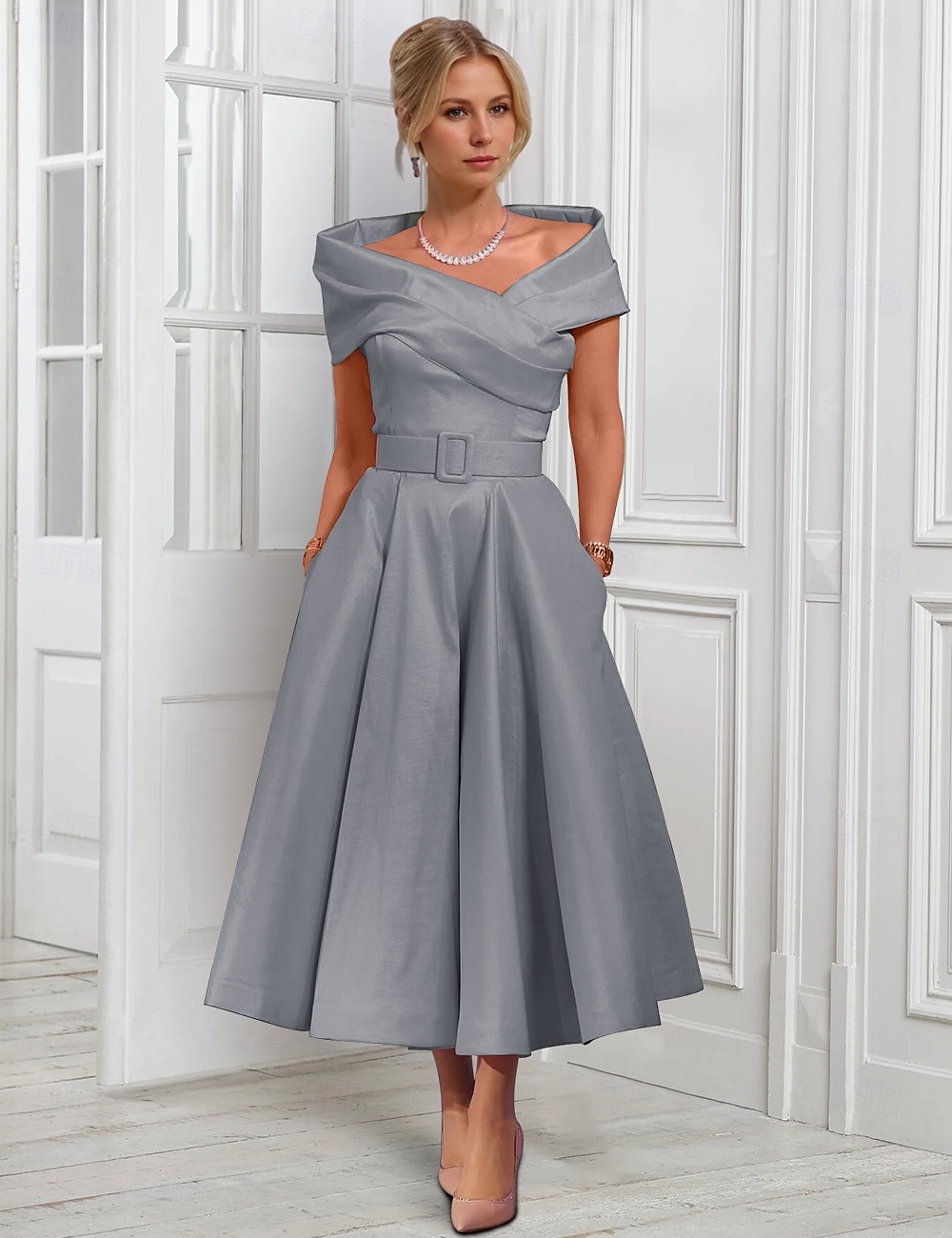 A-Line Tea Length Cocktail Dresses Party Dresses Elegant Sleeveless Off Shoulder Garden Party Wedding Satin with Pleats