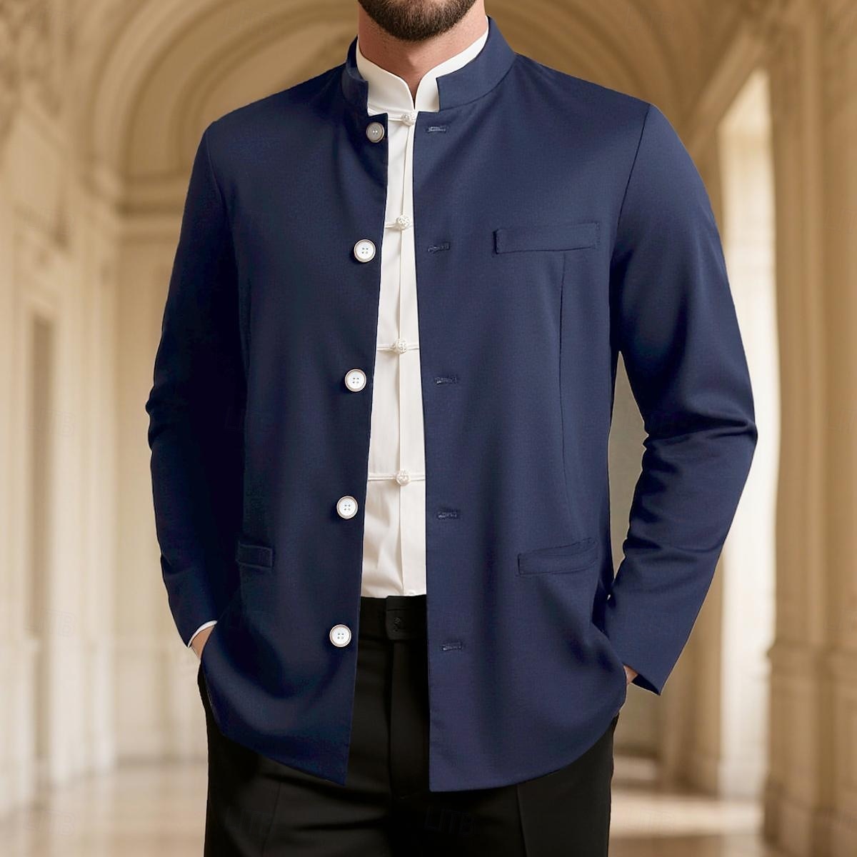 Per uomo Giacca di lino Formale Casa Bottoni Minimalista Primavera & Autunno Autunno Tutte le stagioni Tinta unica Attivo Vintage Colletto a Camicia Regolare Blu marino Verde Cachi Azzurro Giacca del 2026 a $91.99 –P10
