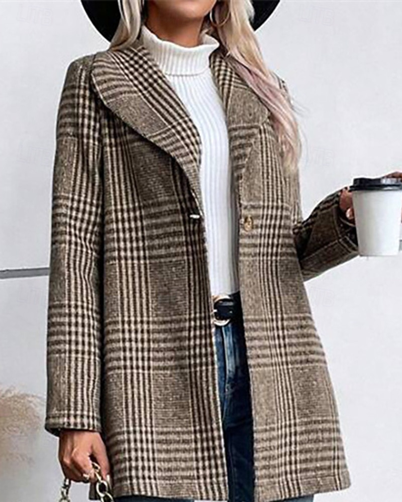 Women's Blazer Comfortable Buttons Elegant Fashion Outdoor Lattice Going out Casual Daily Weekend Single Breasted Regular Lapel Regular Fit Long Sleeve Outerwear Red Camel Gray Spring Fall 2026 - $31.99 –P2