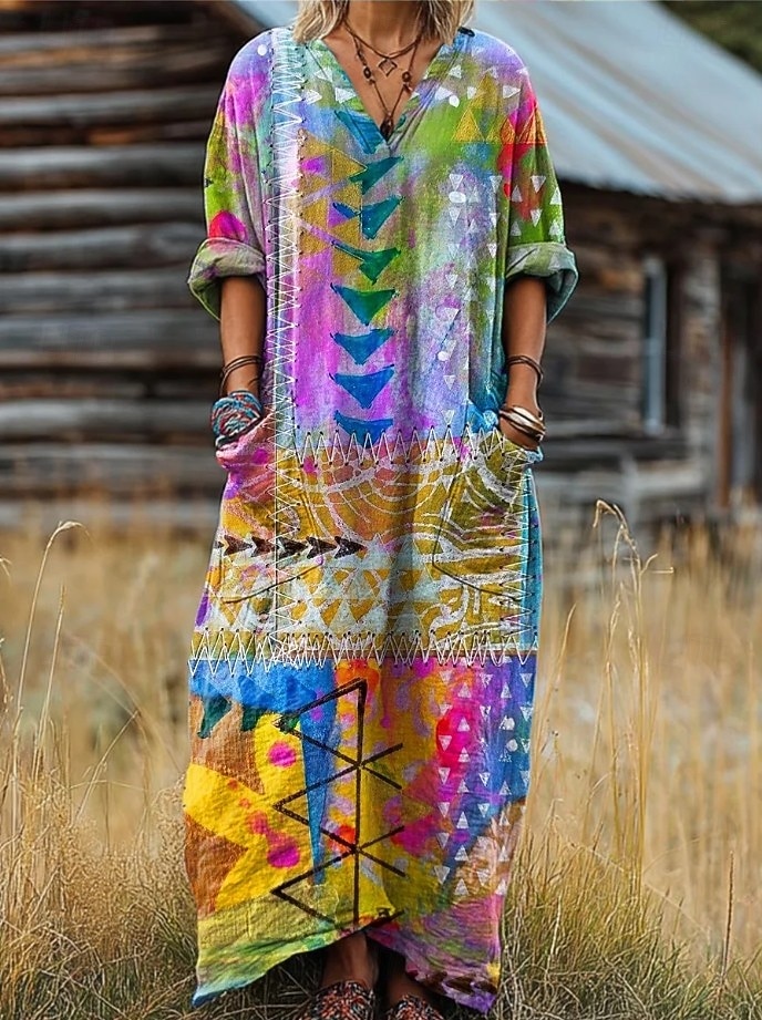 Damen Maxikleid Sommerkleid A Linie Kleid Urlaub Lässig Boho Geburtstag Täglich Ferien Lässiger Schnitt Blumen Langarm V Ausschnitt Marineblau Leicht Braun Blau Violett Frühling Herbst 2025 - $38.99 –P2