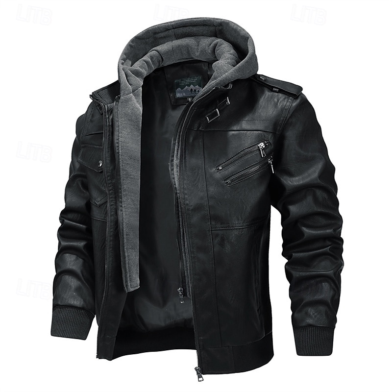Herr Imitationsläderjacka Bikerjacka Motorcykeljacka Semester Dagligen Vindtät Håller värmen Ficka Höst Vinter Slät Mode Klassisk Huva Normal Svart Kaffe Jacka 2025 - $54.99 –P5