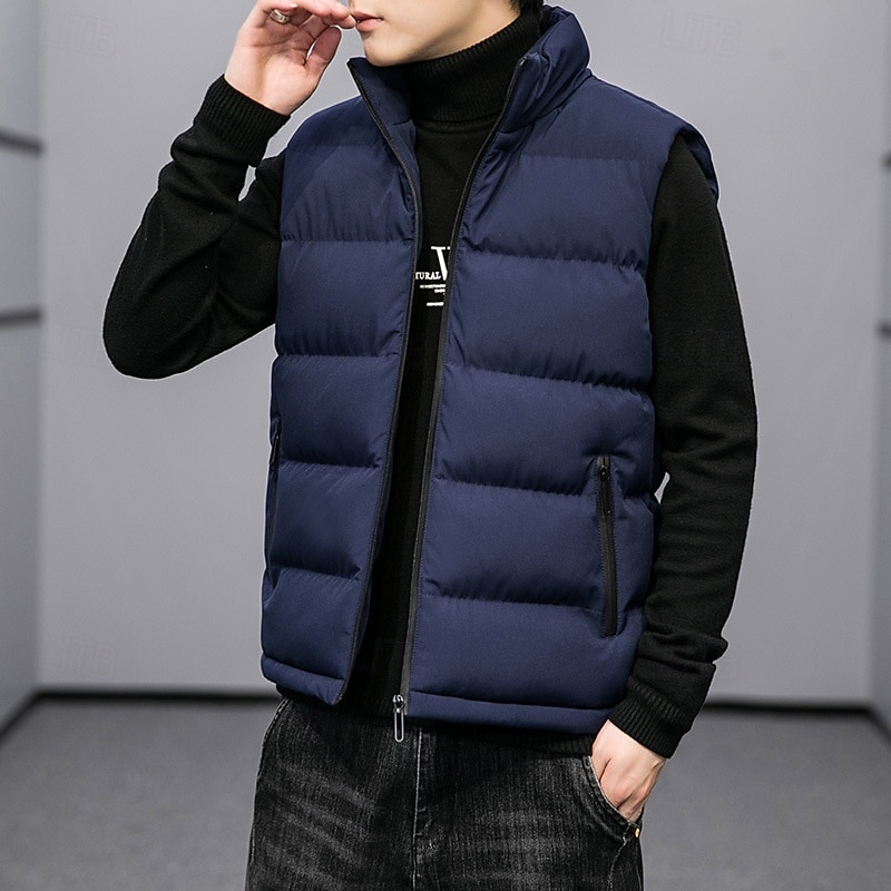 2026年 男性用 パファーベスト ベスト ジレ バケーション 日常 デート ファッション カジュアル 秋 冬 ポケット ポリエステル 保温 快適 純色 ジッパ－ スタンド レギュラー ブラック ルビーレッド ライトグレー ダークブルー ベスト  コレクション – $21.99 –P6