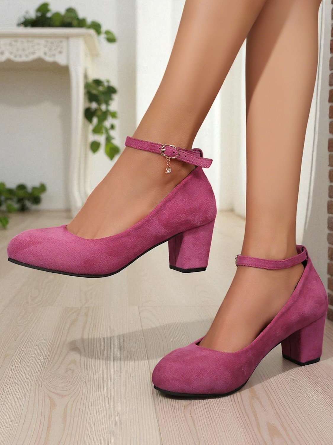 Escarpins Mary Jane à talon carré en daim rose pour femme – bout rond, bride cheville et pendentif breloque pour le bureau, les soirées en amoureux et au quotidien de 2025 ? $26.99 –P6
