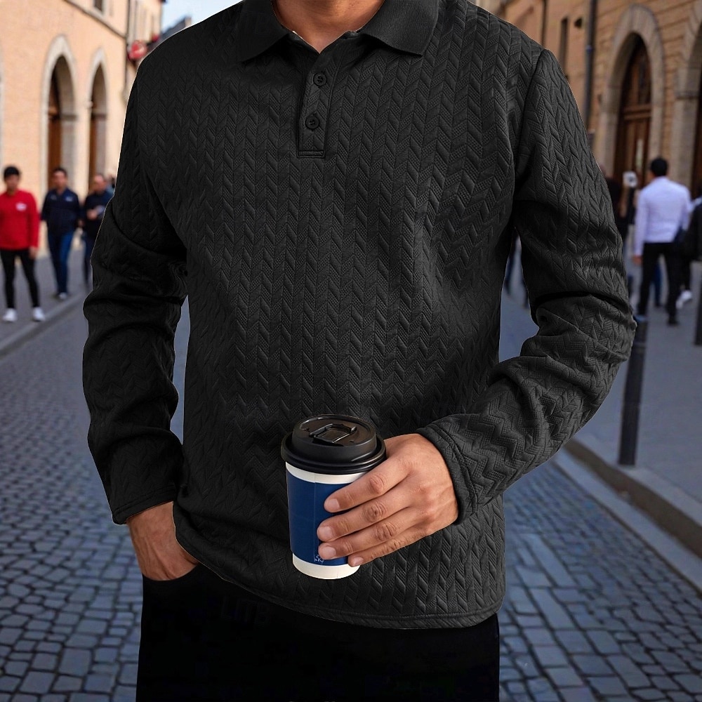 Herren Poloshirts Golf Poloshirts Geschäft Lässig Revers Klassisch Langarm Mode Basic Einfarbig Texture Jacquard Herbst Winter Ganzjahres Lässiger Schnitt Schwarz Weiß Grau Marineblau Khaki Armeegrün 2025 - $21.99 –P3