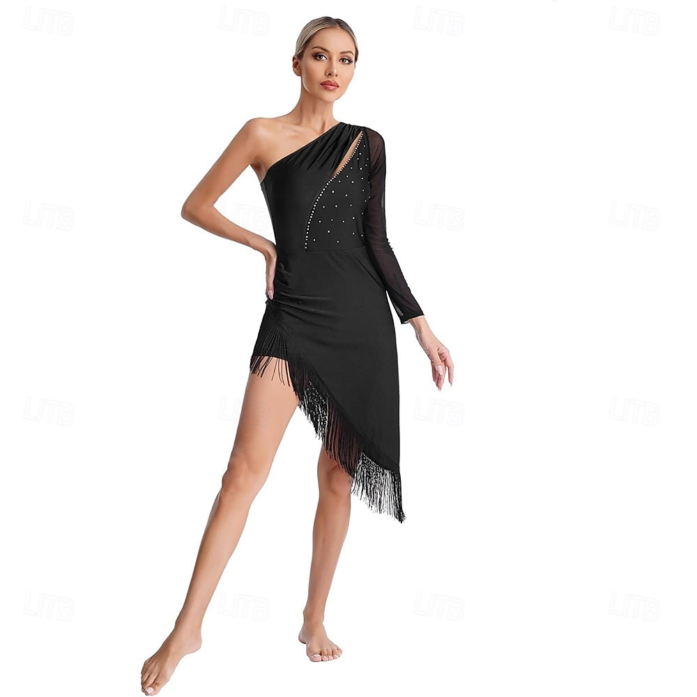 dress for salsa party Black Tango Dress  One Shoulder Stretch Latin Dance Dress  Argentine  Tango, Salsa, Ballroom Party Outfit