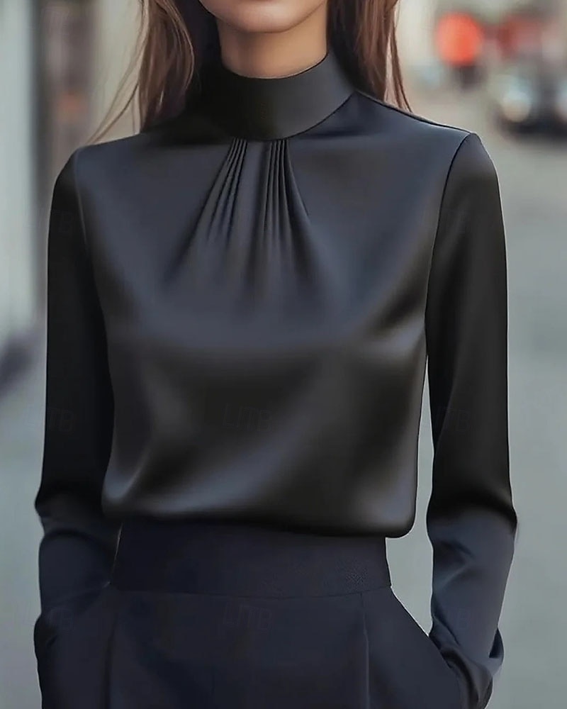 Women's Shirt Dressy Blouse Plain Elegant Stylish Long Sleeve High Neck Regular Tops Work Holiday Going out Ruched Black White Purple Khaki Spring Fall 2025 - $21.99 –P3