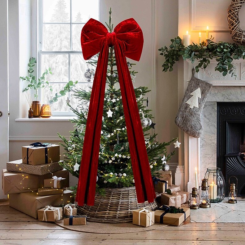Nœud De Cime De Sapin De Noël Extra Large En Velours Rouge - 80x380 Cm, Longue Queue, Pour Décoration Murale, Porte, Couronne - Velours Luxueux, Réutilisable