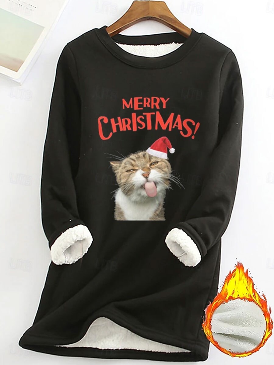 Dame Genser med genser Grafisk Katt Bokstaver Varm Fritid fuzzy Langermet Crew-hals Vanlige topper Gate Avslappet Lys Rosa Svart Mørk Rosa Blå Vår Høst Vinter 2025 - $29.99 –P1
