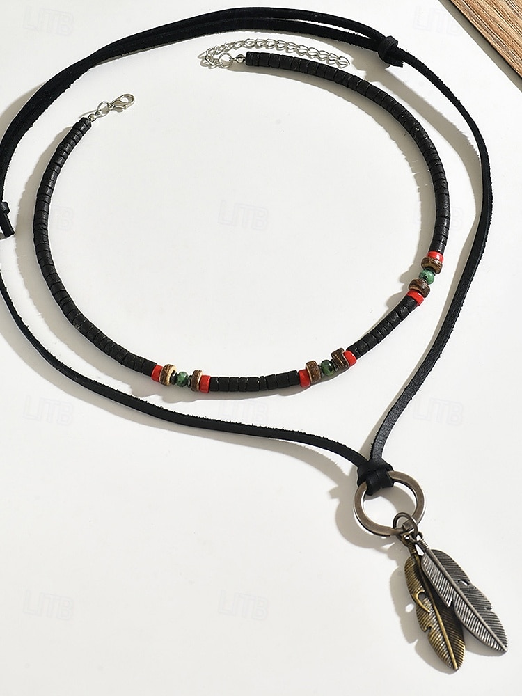 Herren-Halskette mit mehrlagigem Federanhänger, verstellbarer Tribal-Boho-Choker-Schmuck aus Legierung für Partys, Festivals und Freizeitkleidung 2025 - $9.99 –P5