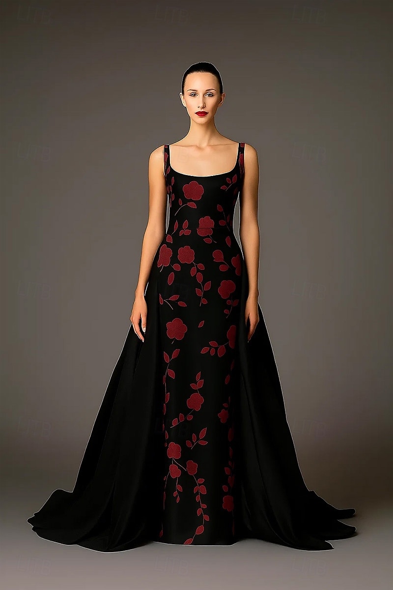 Abendkleid in A-Linie mit Blumenmuster in Schwarz und Gold, elegantes Abendkleid für formelle Hochzeiten, Schleppe, ärmellos, quadratischer Ausschnitt, Tasche, Stretch-Satin mit Überrock 2025 2025 - $164.99 –P4