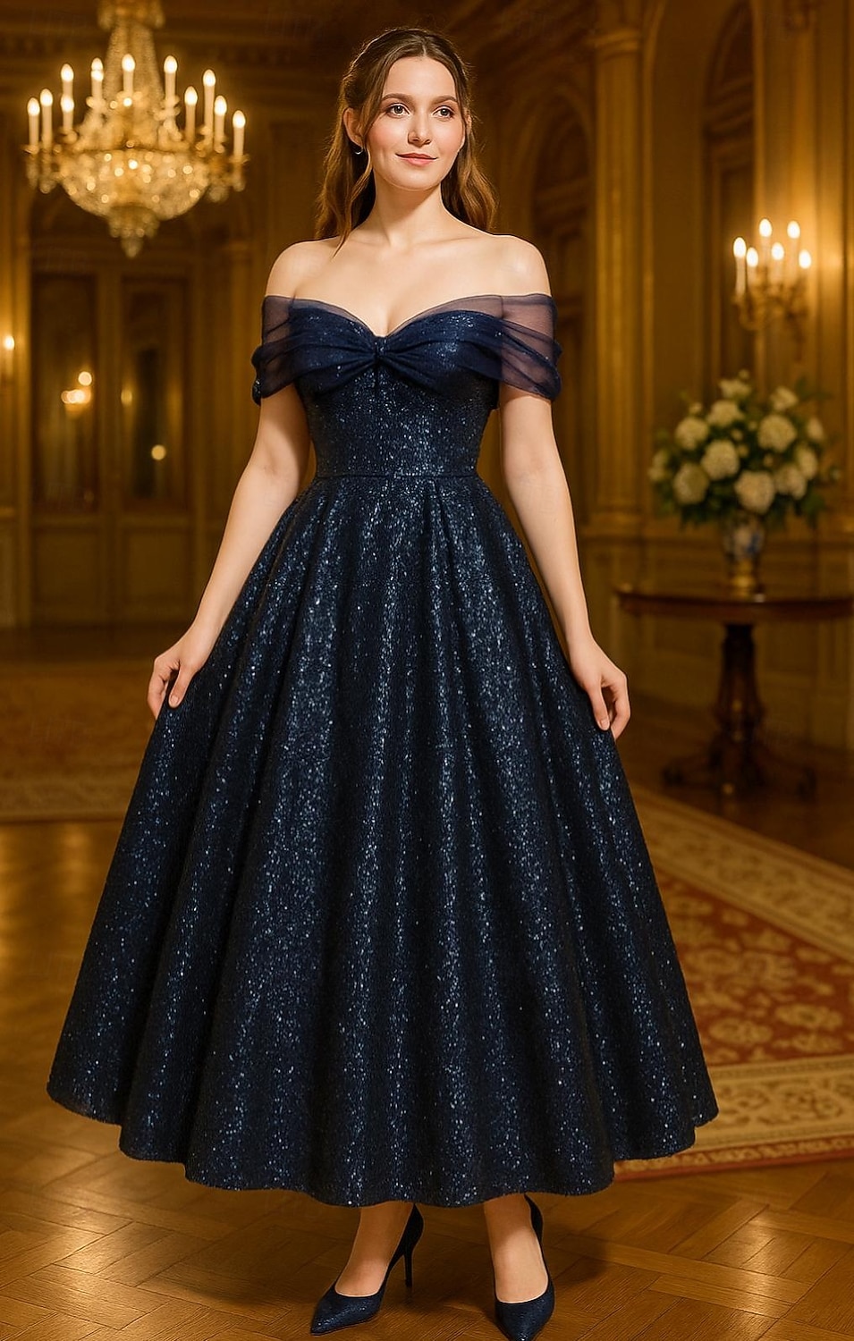 A-linje Gulvlengde Te-lengde Cocktailkjoler Festkjoler Elegant Glitrende Kortermet Løse skuldre Bryllup Formell Lomme Paljetter med Glimmer 2026 - $172.99 –P1