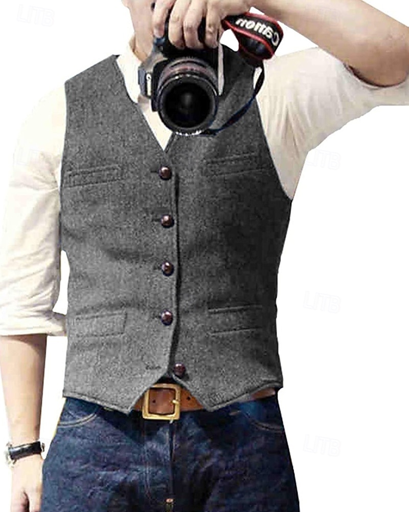 Hombre Chaleco Vacaciones Fiesta Negocio Moda Casual Primavera Otoño Bolsillo Botones Poliéster Cómodo Color sólido Recto 1 botón Escote en Pico Ajuste regular Plata Negro Champaña Vino Chaleco 2025 - $24.99 –P3