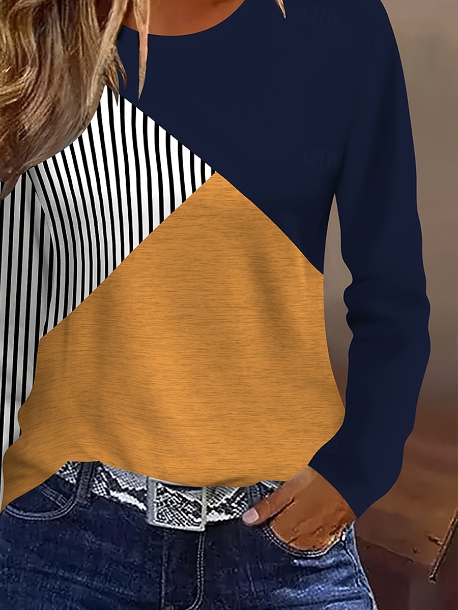 Per donna Maglietta Stampato Grafico Geometrico Blocco di colori Vintage Elegante Classico Manica Lunga Girocollo Top Regolari Quotidiano Giallo Autunno Inverno del 2026 a $24.99 –P3