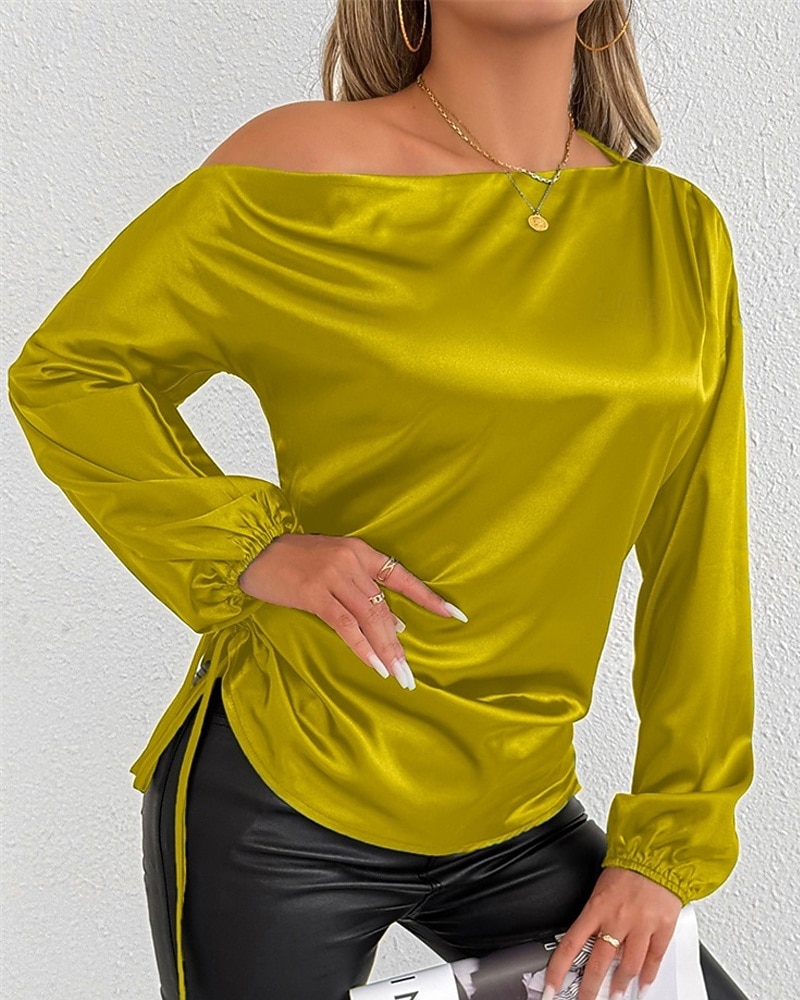 Dames Overhemd Satijnen overhemd Effen Kleur Stijlvol Casual Lange mouw koude schouder Normale tops Dagelijks Uitgaan Asymmetrisch Geel Bruin Lente Herfst 2025 - $24.99 –P12