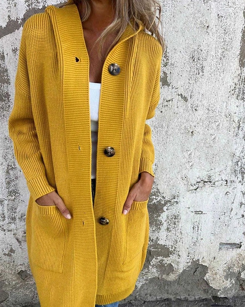 Damen Pullover Strickjacke Streetwear Lässig Einfarbig Mit Kapuze Tasche Knöpfe Gestrickt Langarm Lange Oberteile Stricken Täglich Ausgehen Wochenende Schwarz Gelb Herbst Winter 2025 - $41.99 –P4