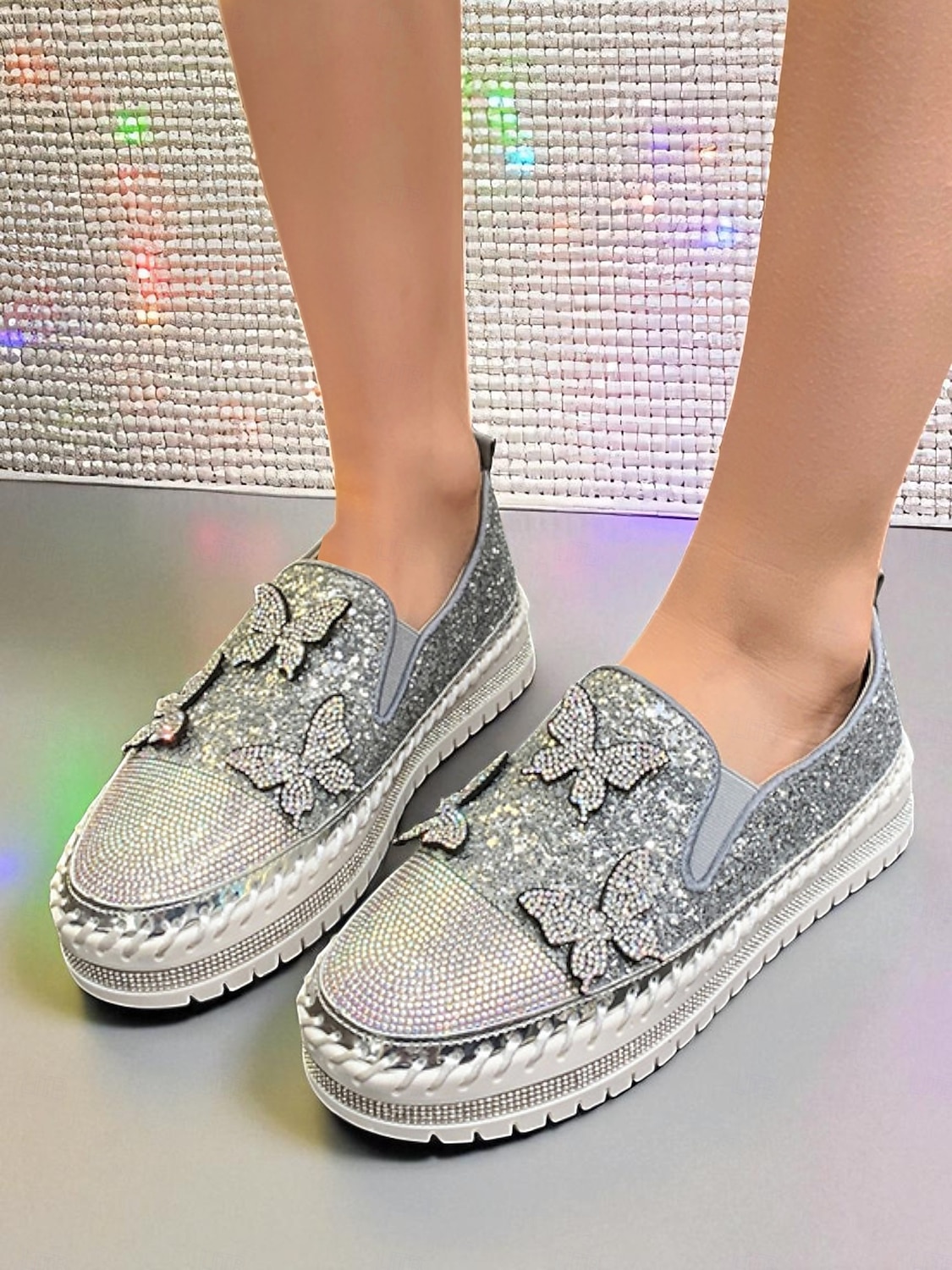 Sneakers slip-on da donna con plateau, glitter viola e design a farfalla in strass - scarpe alla moda per la vita notturna, le feste e le discoteche del 2025 a $32.99 –P6