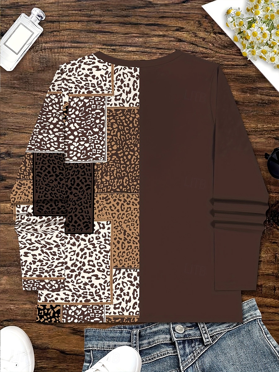 Mujer Camiseta Estampado Graphic Leopardo Geométrico Vintage Elegante Clásico Manga Larga Escote en Pico Tops regulares Diario Marrón Primavera Otoño Invierno 2026 - $24.99 –P3
