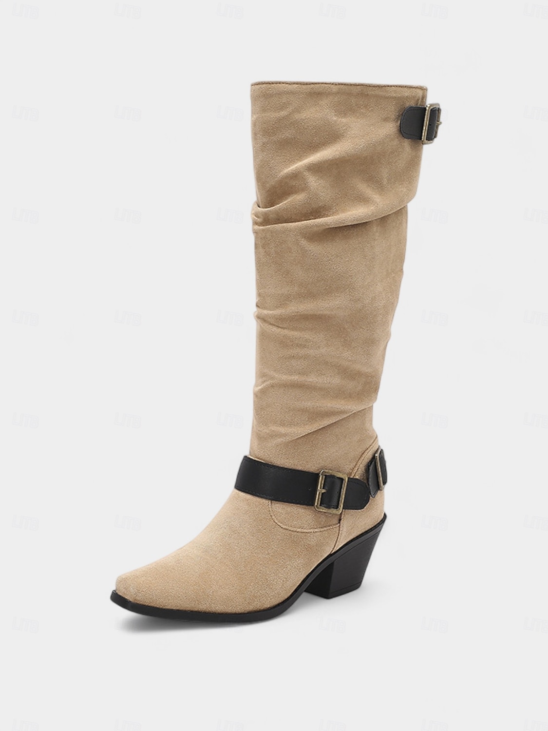 Paarse suède knielaarzen voor dames met gespen – western cowboystijl laarzen met blokhak voor herfstmode, Halloween-outfits en outdoor streetwear 2026 - $69.99 –P7