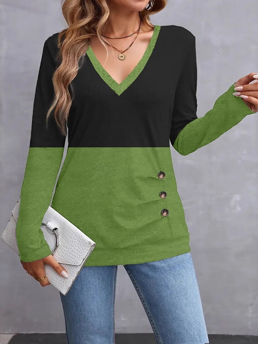 Women's Blouse Solid Color Stylish Casual Long Sleeve V Neck Regular Tops Daily Patchwork Buttons Black White Green Gray Spring Fall 2025 - $22.99 –P4