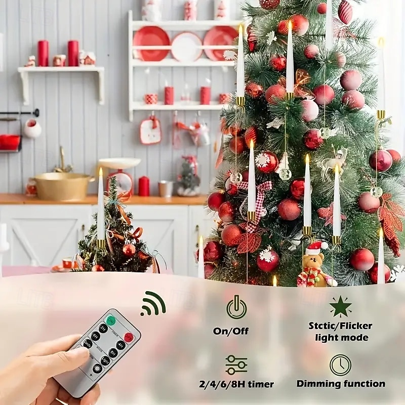 12-pakning LED-flammeløse flimrende lys med fjernkontroll og krystallkulekroker. Batteridrevne flammeløse, koniske lys, ideelle for jul, valentinsdagen og bryllupsdekorasjoner. 2025 - $67.99 –P9