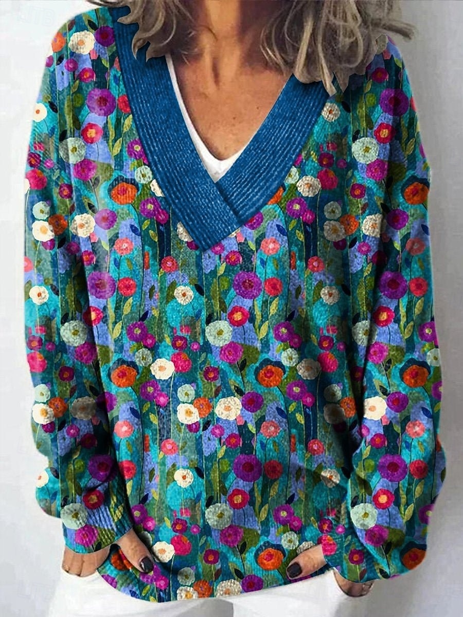 Femmes Pull Occasionnel Doux Fleuri Côtelé Col en V Tricoté manche longue Hauts Réguliers Tricoter Extérieur Quotidien Week-end Bleu Fuchsia Automne Hiver de 2025 ? $31.99 –P1