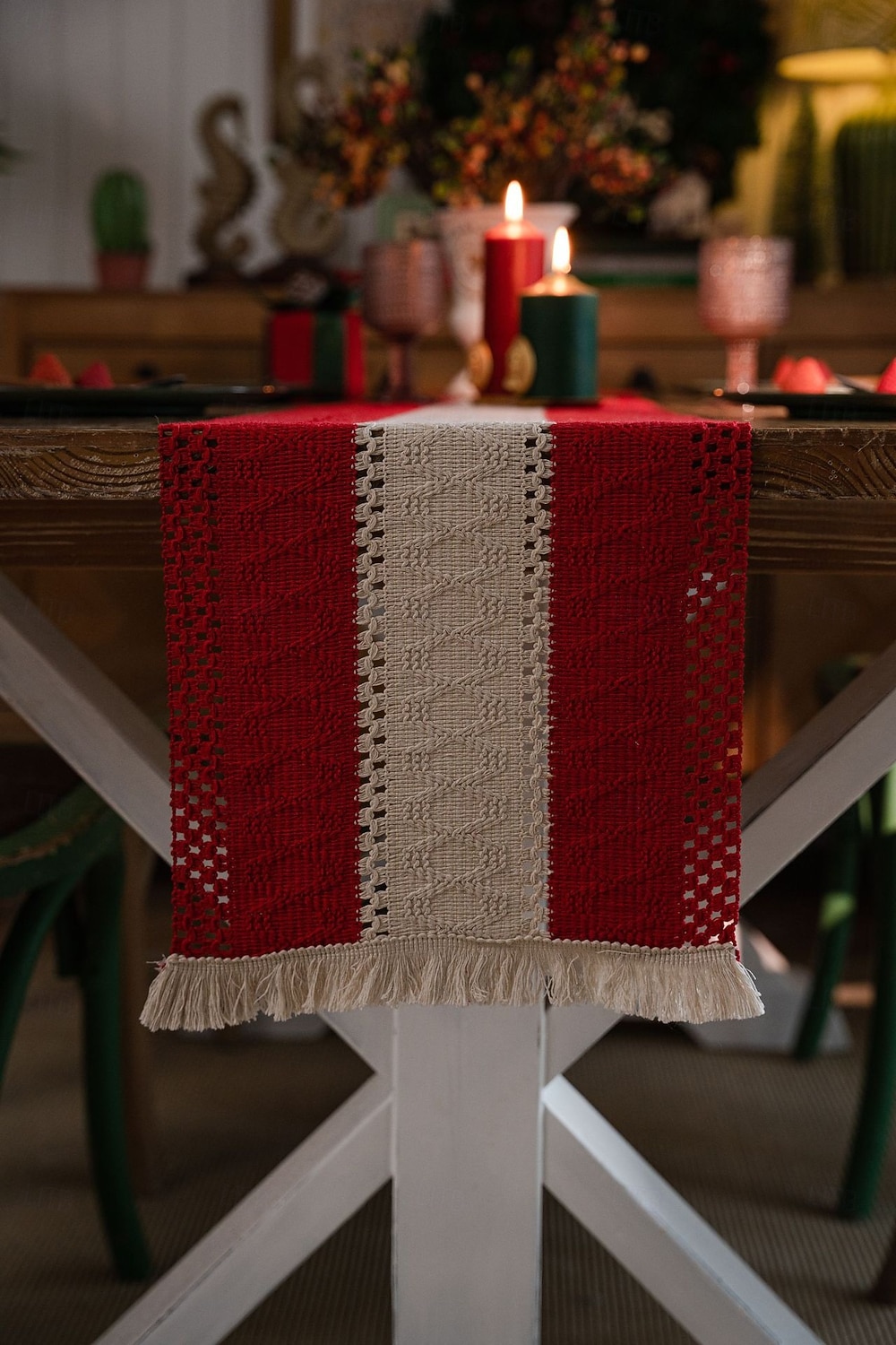 дорожка для стола из хлопка и льна в американском стиле, полосатая двухцветная ткань с кисточками, натуральный материал, праздничное украшение 2026 - $8.49 –P10