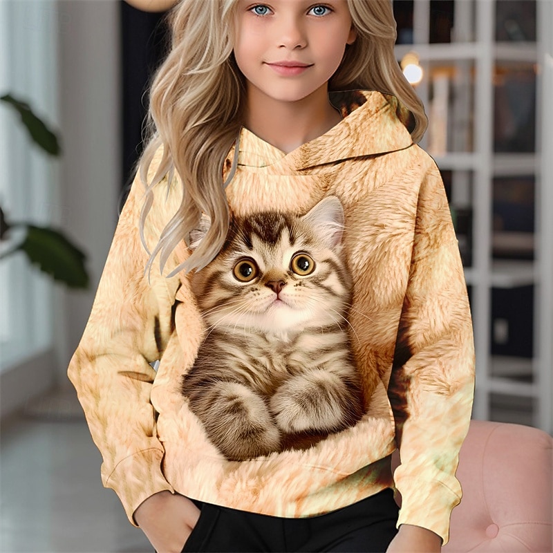 Ragazze 3D Gatto Felpa con Cappuccio Manica Lunga Autunno Inverno Moda Adorabile Essenziale Bambini 4-12 Anni Con cappuccio All'aperto Casuale Quotidiano Vestibilità regolare del 2026 a $18.99 –P1